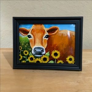Farmhouse Cow and sunflowers picture 5x7 w/frame